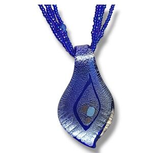 Vintage Murano Art Glass Pendant Necklace Blue Glass Seed Beads